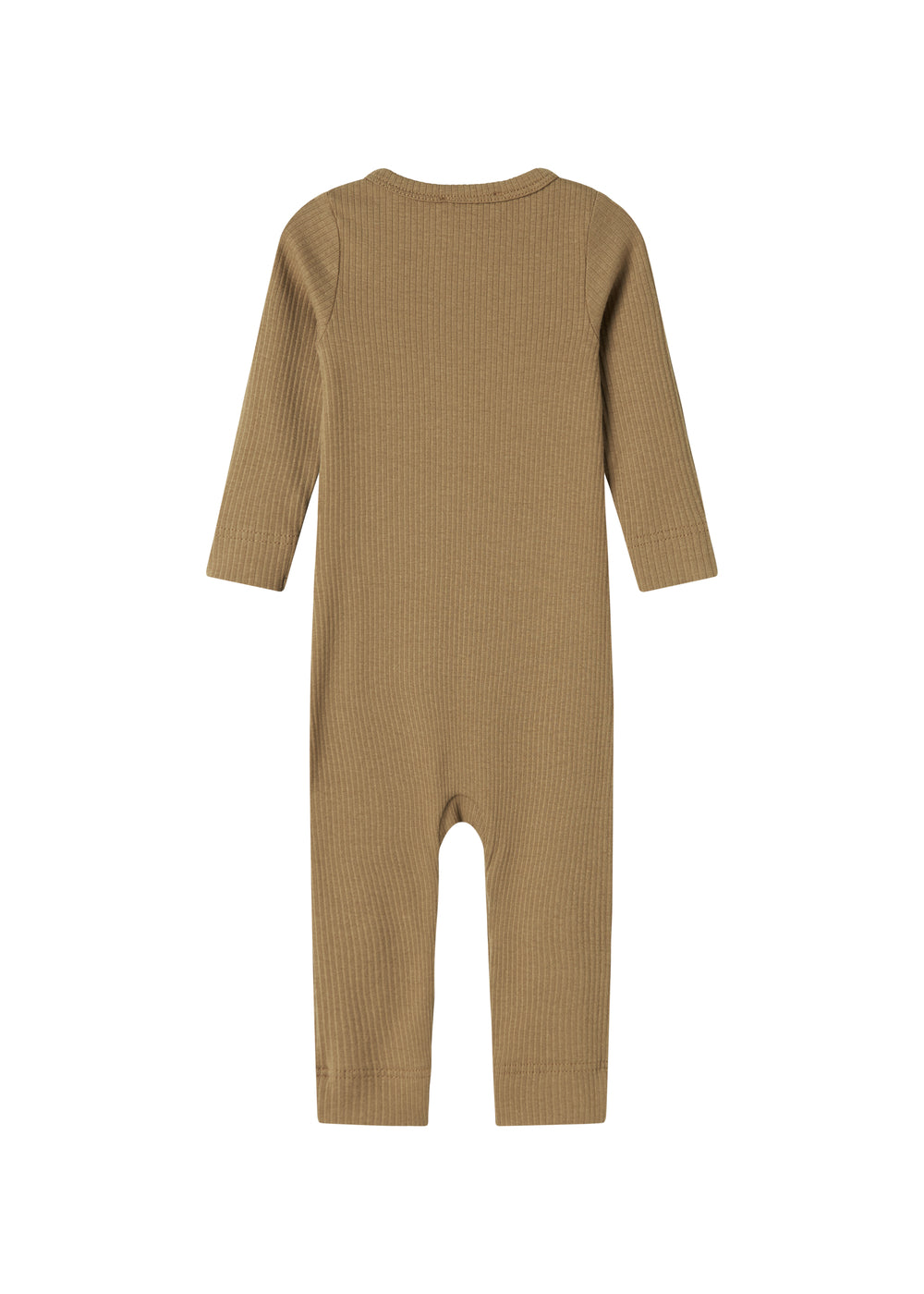 Ribbstrikket brun heldragt til baby i blødt materiale med lange ærmer, lange ben og knapper