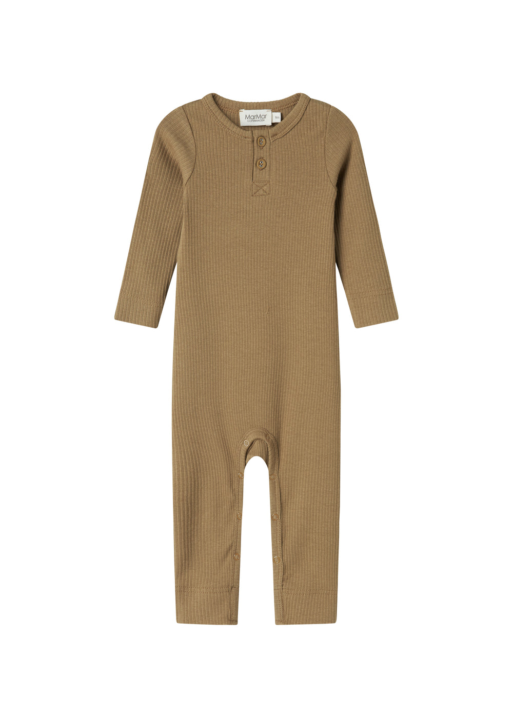 Ribbstrikket brun heldragt til baby i blødt materiale med lange ærmer, lange ben og knapper