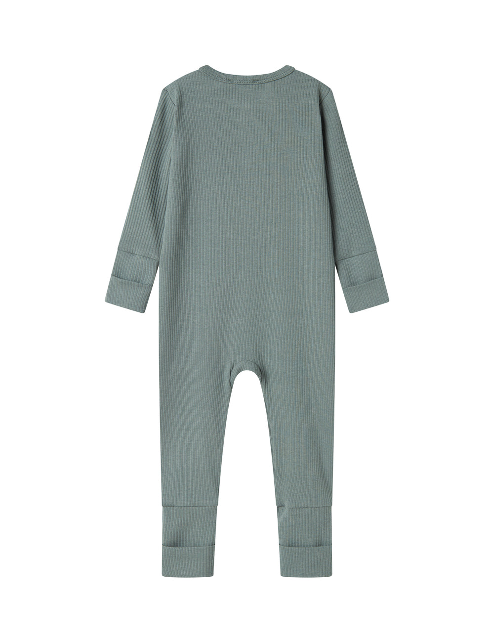 Grøn ribstrikket heldragt med lange ærmer og ben til baby