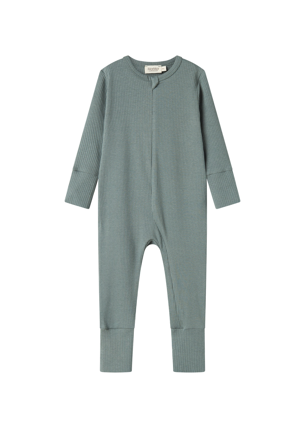Grøn ribstrikket heldragt med lange ærmer og ben til baby