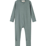 Grøn ribstrikket heldragt med lange ærmer og ben til baby