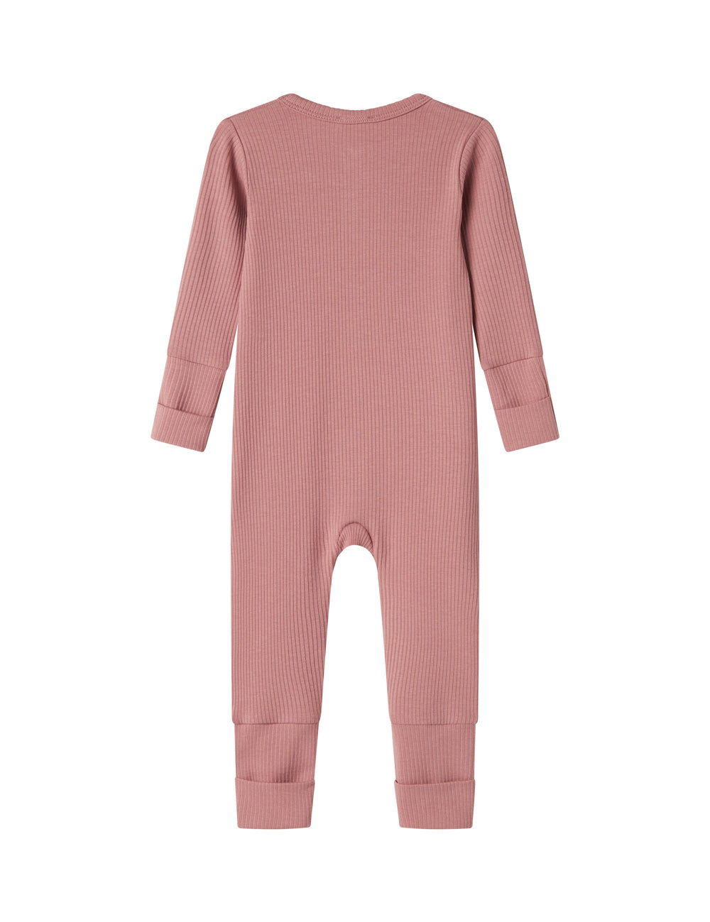 Lyserød ribstrikket heldragt med lange ærmer og ben til baby