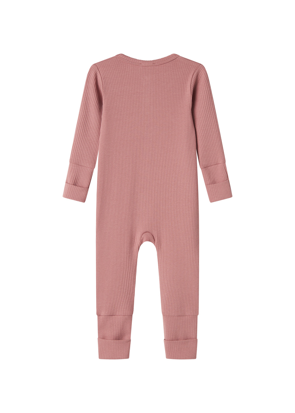Lyserød ribstrikket heldragt med lange ærmer og ben til baby