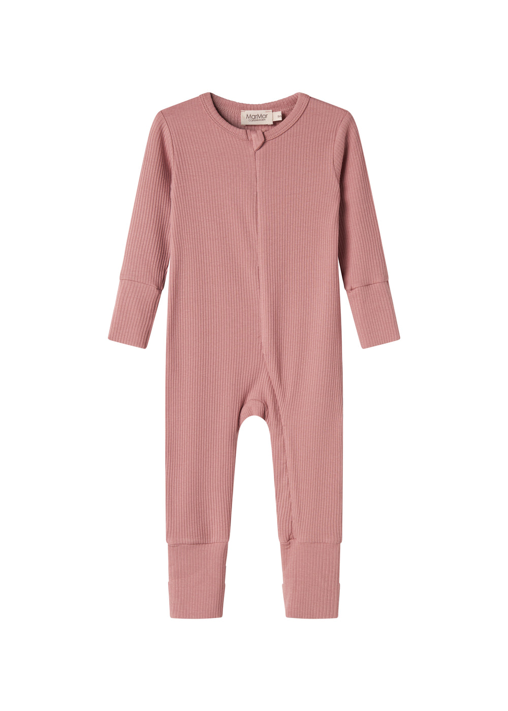 Lyserød ribstrikket heldragt med lange ærmer og ben til baby
