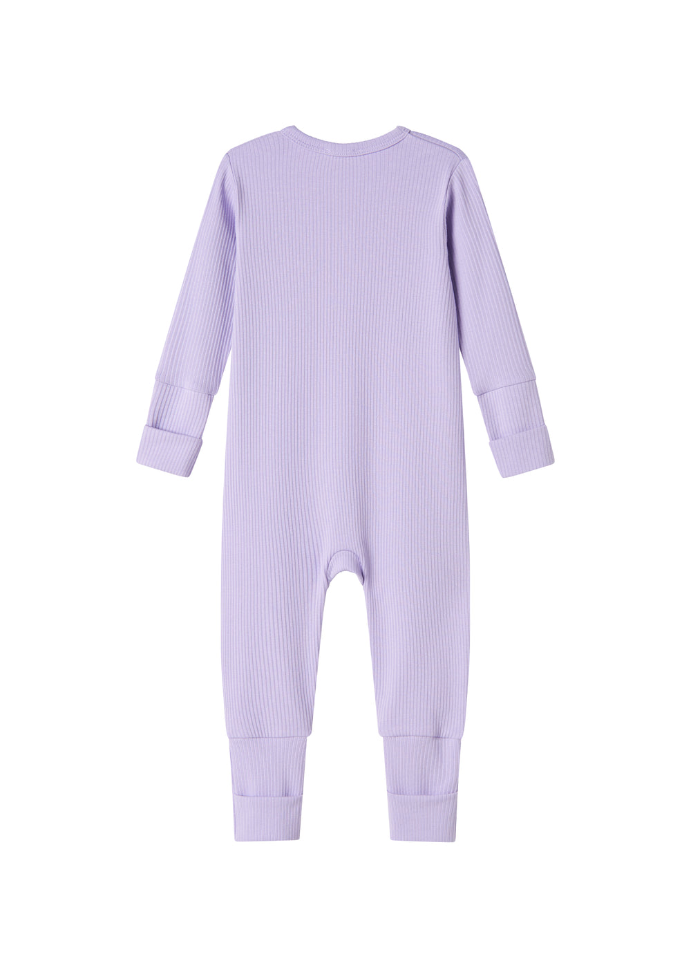 Ribbstrikket lys lilla heldragt til baby i blødt materiale med lange ærmer og lange ben og lynlås