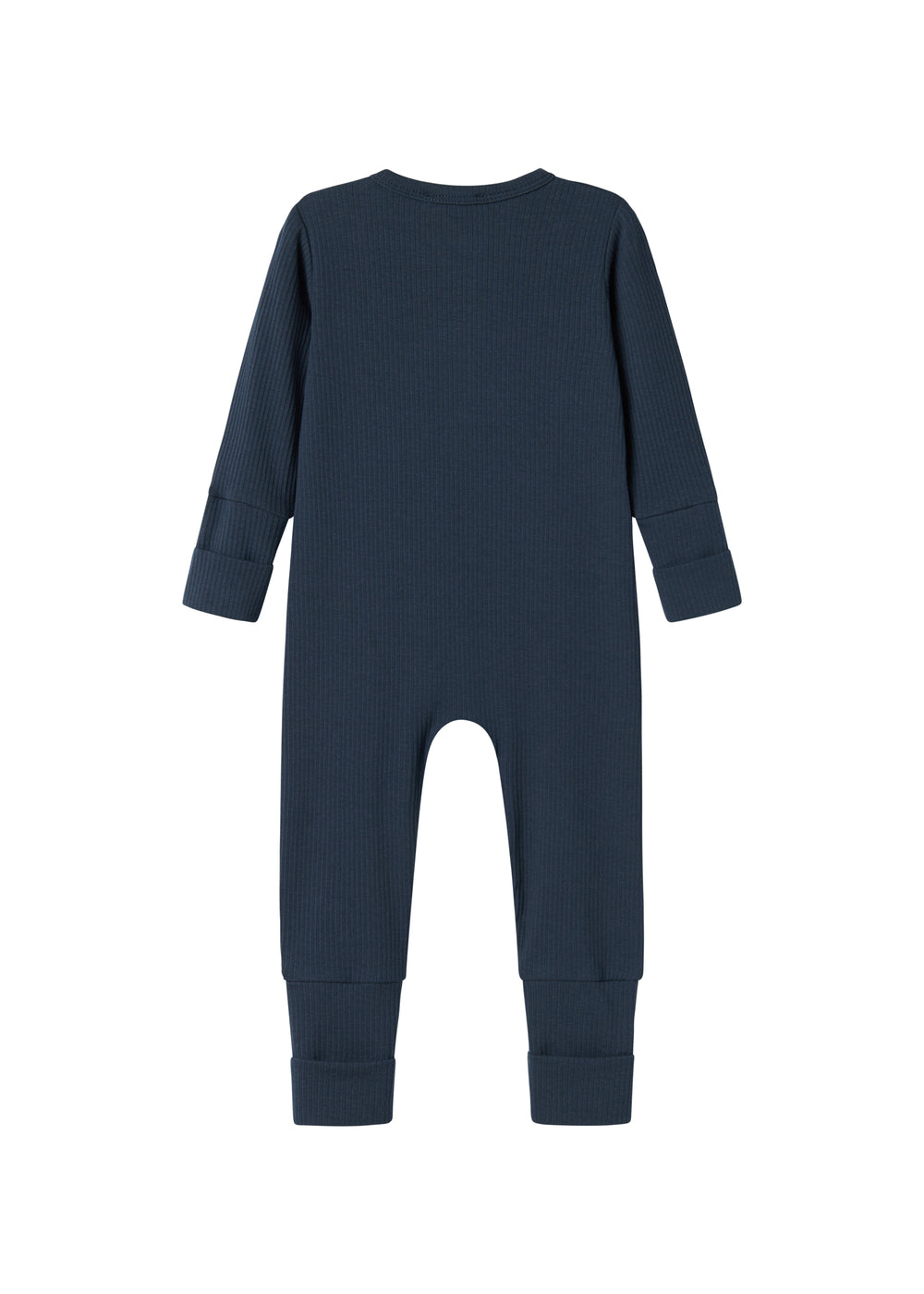 Ribbstrikket blå heldragt til baby i blødt materiale med lange ærmer og lange ben og lynlås