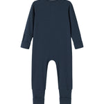 Ribbstrikket blå heldragt til baby i blødt materiale med lange ærmer og lange ben og lynlås
