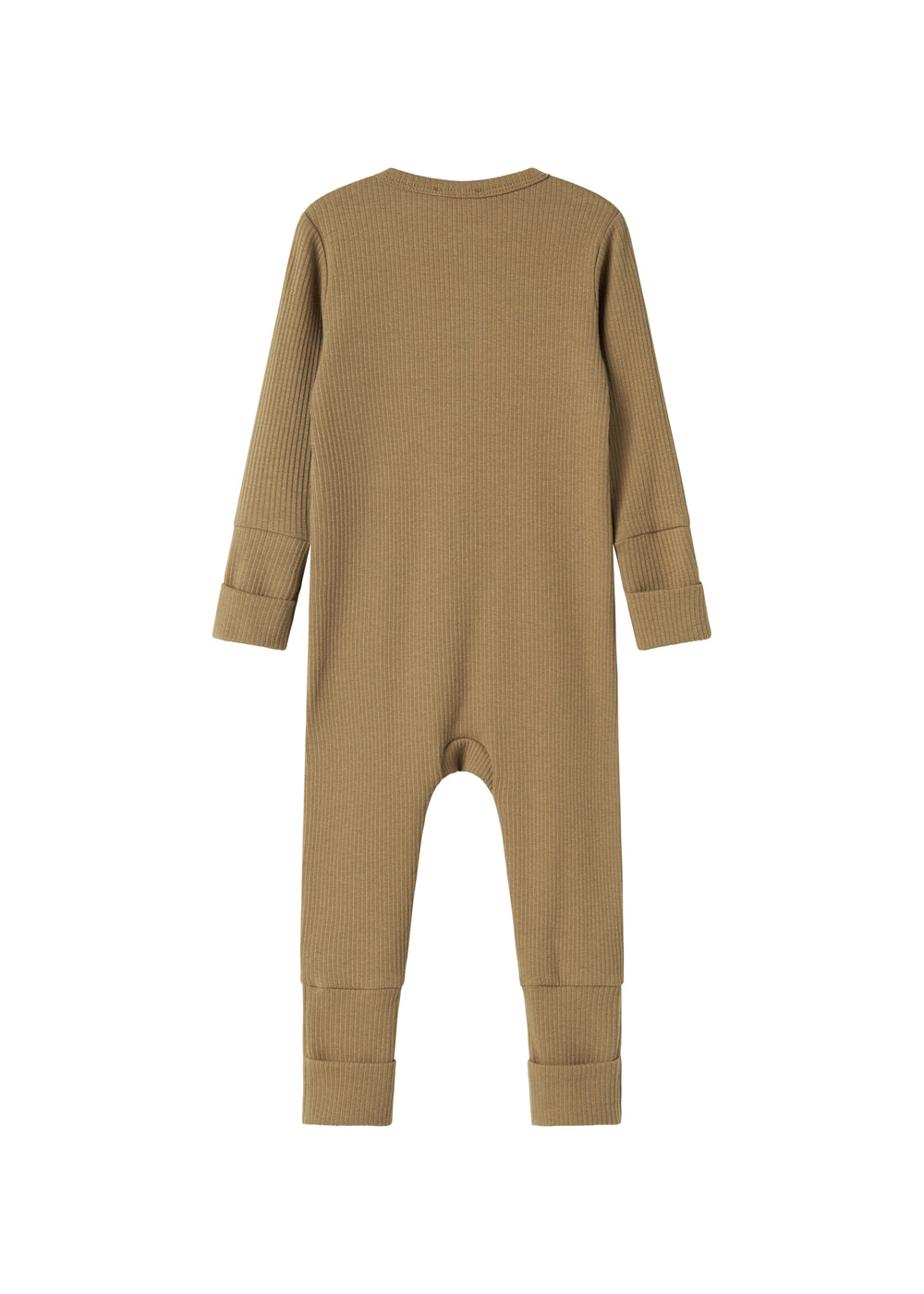 Ribbstrikket brun heldragt til baby i blødt materiale med lange ærmer og lange ben og lynlås