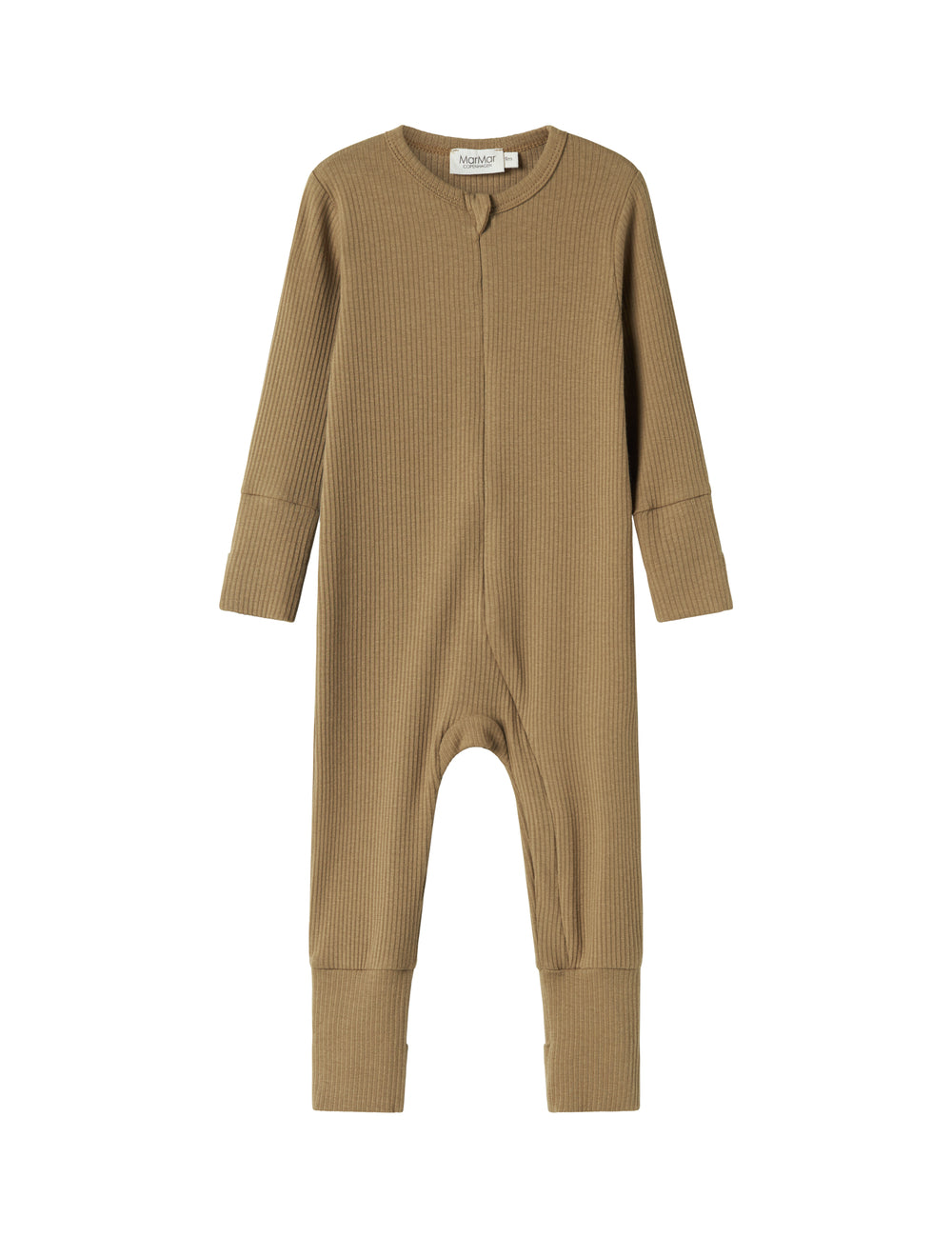 Ribbstrikket brun holdragt til baby i blødt materiale med lange ærmer og lange ben og lynlås