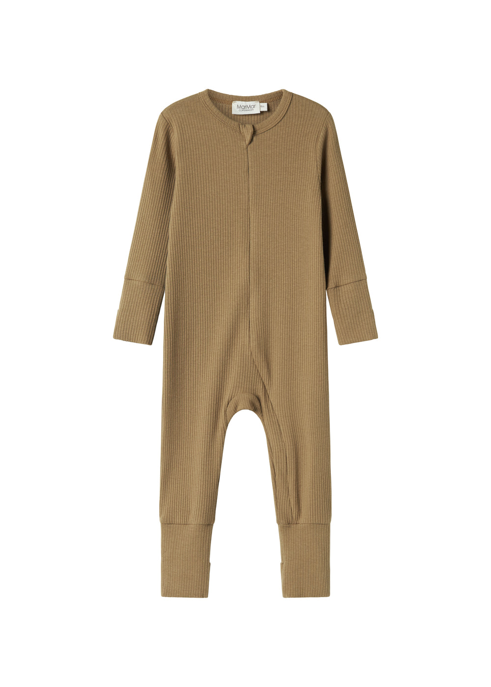 Ribbstrikket brun heldragt til baby i blødt materiale med lange ærmer og lange ben og lynlås