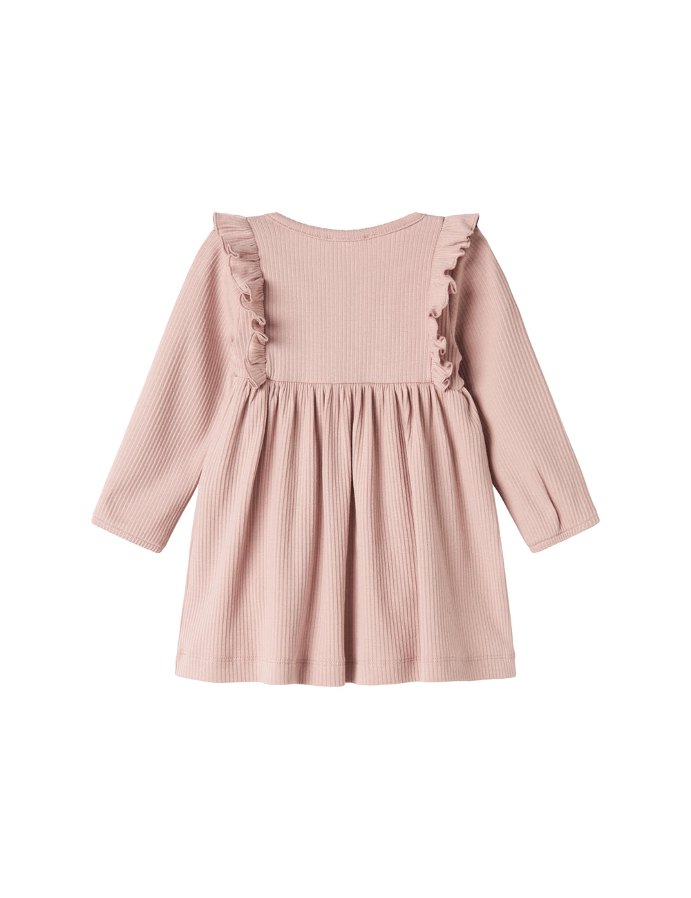 Lyserød ribstrikket kjole til børn med flæsedetaljer og lange ærmer