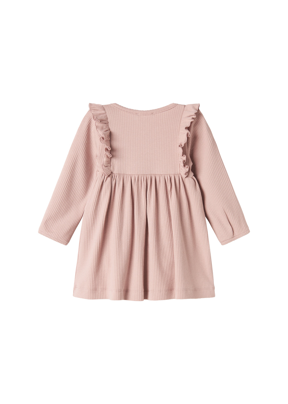 Lyserød ribstrikket kjole til børn med flæsedetaljer og lange ærmer