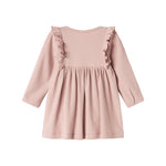 Lyserød ribstrikket kjole til børn med flæsedetaljer og lange ærmer