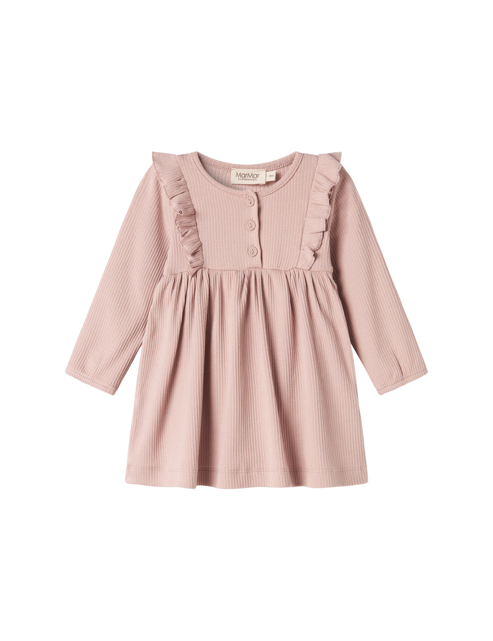 Lyserød ribstrikket kjole til børn med flæsedetaljer og lange ærmer