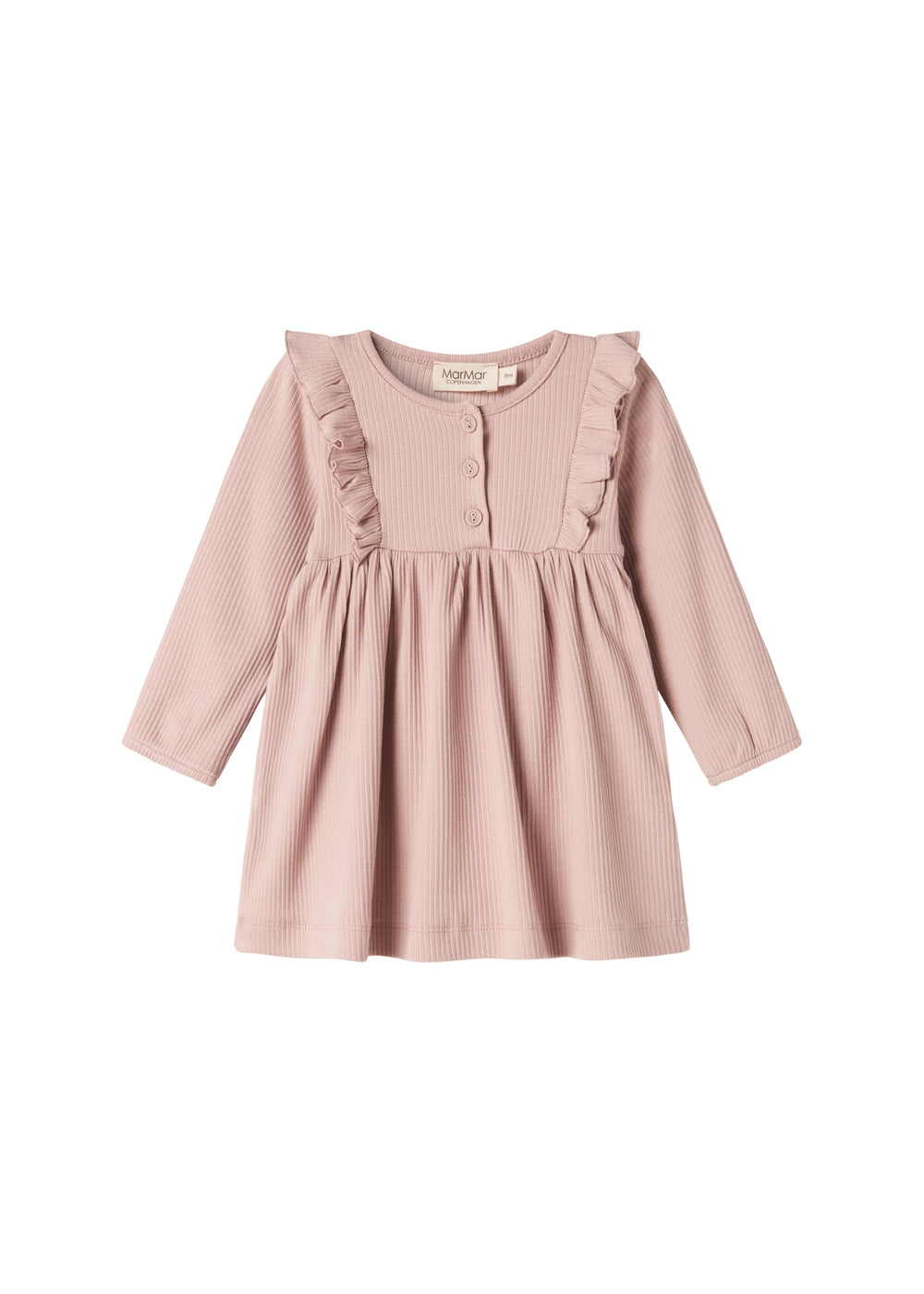Lyserød ribstrikket kjole til børn med flæsedetaljer og lange ærmer