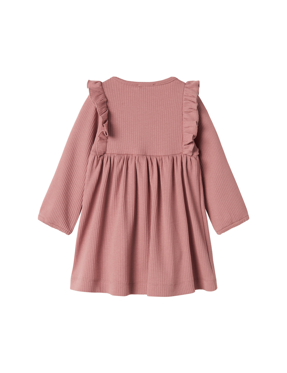 Lyserød ribstrikket kjole med lange ærmer, knapper og flæser til børn