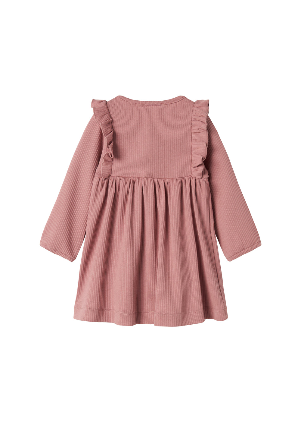 Lyserød ribstrikket kjole med lange ærmer, knapper og flæser til børn