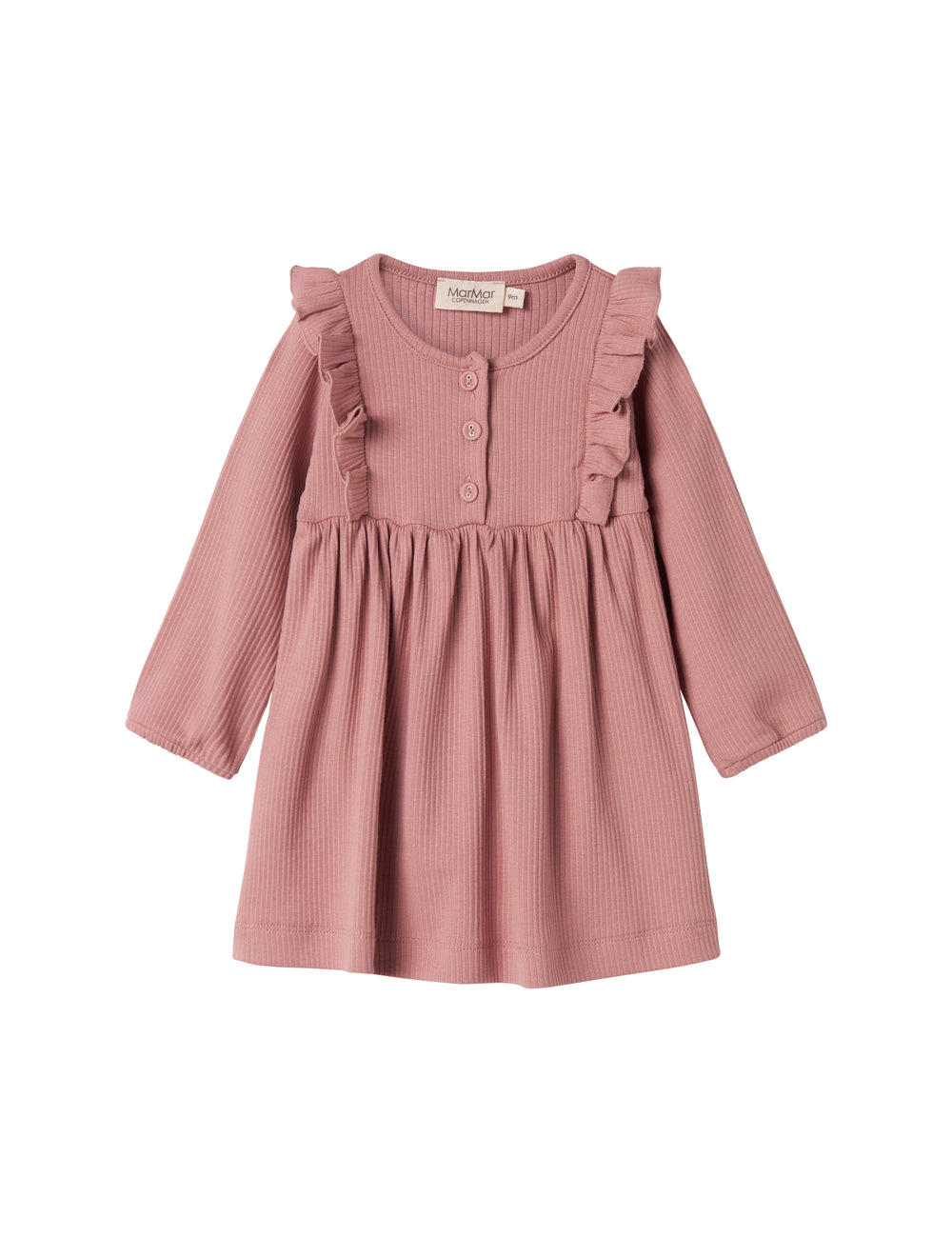 Lyserød ribstrikket kjole med lange ærmer, knapper og flæser til børn