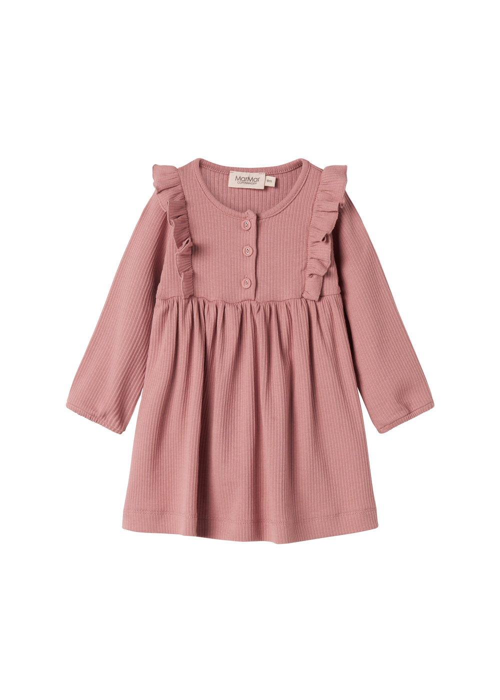 Lyserød ribstrikket kjole med lange ærmer, knapper og flæser til børn