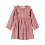 Lyserød ribstrikket kjole med lange ærmer, knapper og flæser til børn