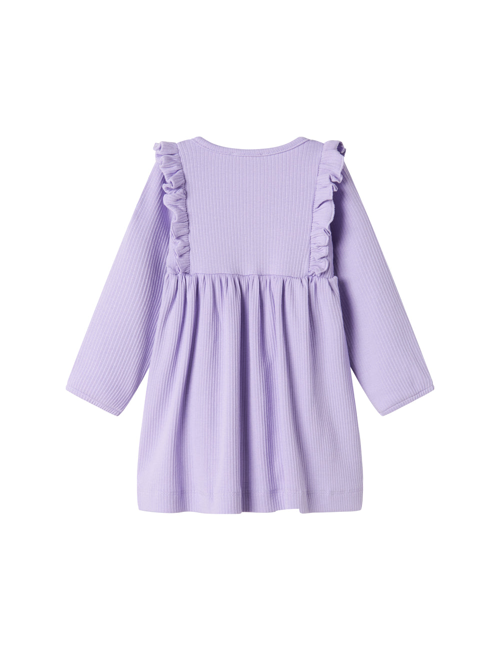 Lilla ribstrikket kjole til børn med flæsedetaljer og lange ærmer