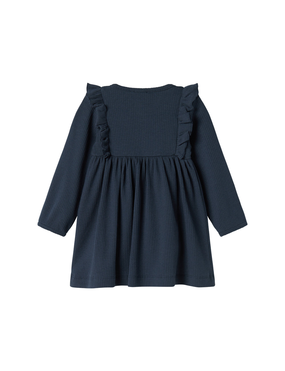 Mørkeblå ribstrikket kjole til børn med flæsedetaljer og lange ærmer