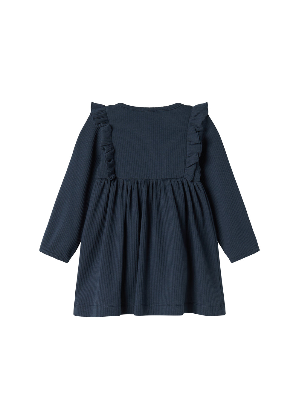 Mørkeblå ribstrikket kjole til børn med flæsedetaljer og lange ærmer