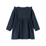 Mørkeblå ribstrikket kjole til børn med flæsedetaljer og lange ærmer