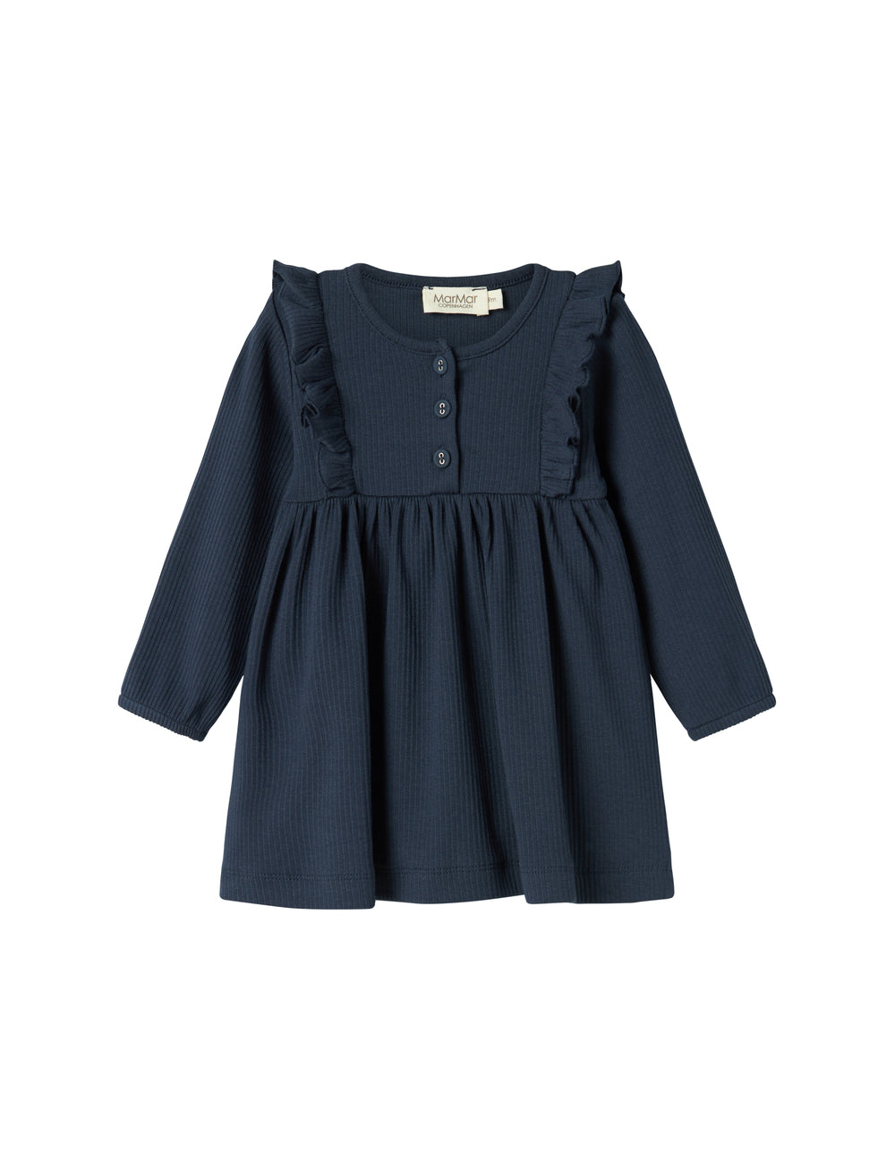 Mørkeblå ribstrikket kjole til børn med flæsedetaljer og lange ærmer