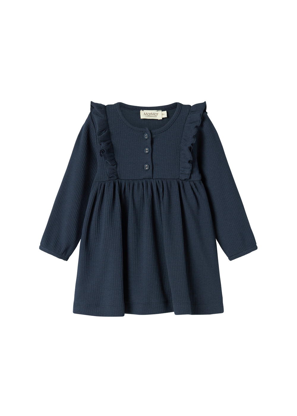 Mørkeblå ribstrikket kjole til børn med flæsedetaljer og lange ærmer