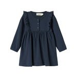 Mørkeblå ribstrikket kjole til børn med flæsedetaljer og lange ærmer