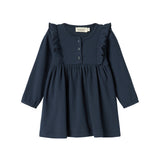 Mørkeblå ribstrikket kjole til børn med flæsedetaljer og lange ærmer