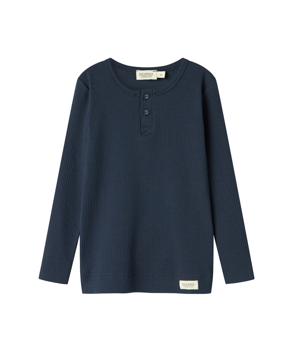 Blå ribstrikket langærmet t-shirt til børn