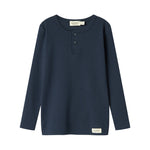 Blå ribstrikket langærmet t-shirt til børn