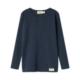 Blå ribstrikket langærmet t-shirt til børn