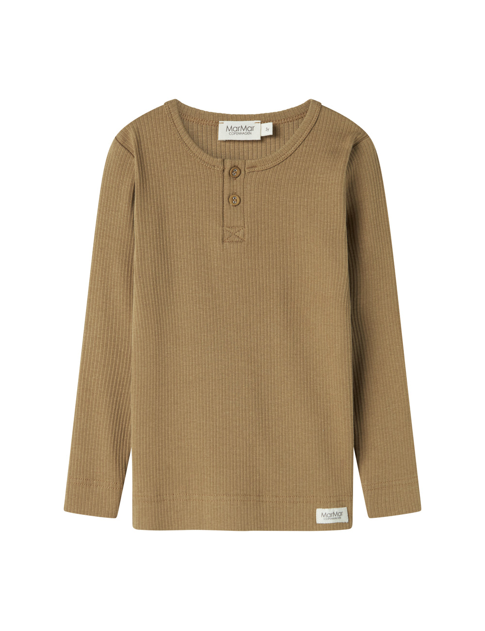 Detaljer af brun ribstrikket langærmet t-shirt med knapper