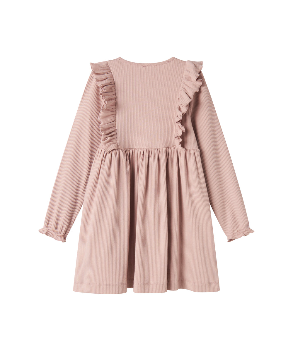 Langærmet lyserød ribstrikket kjole med flæser til børn