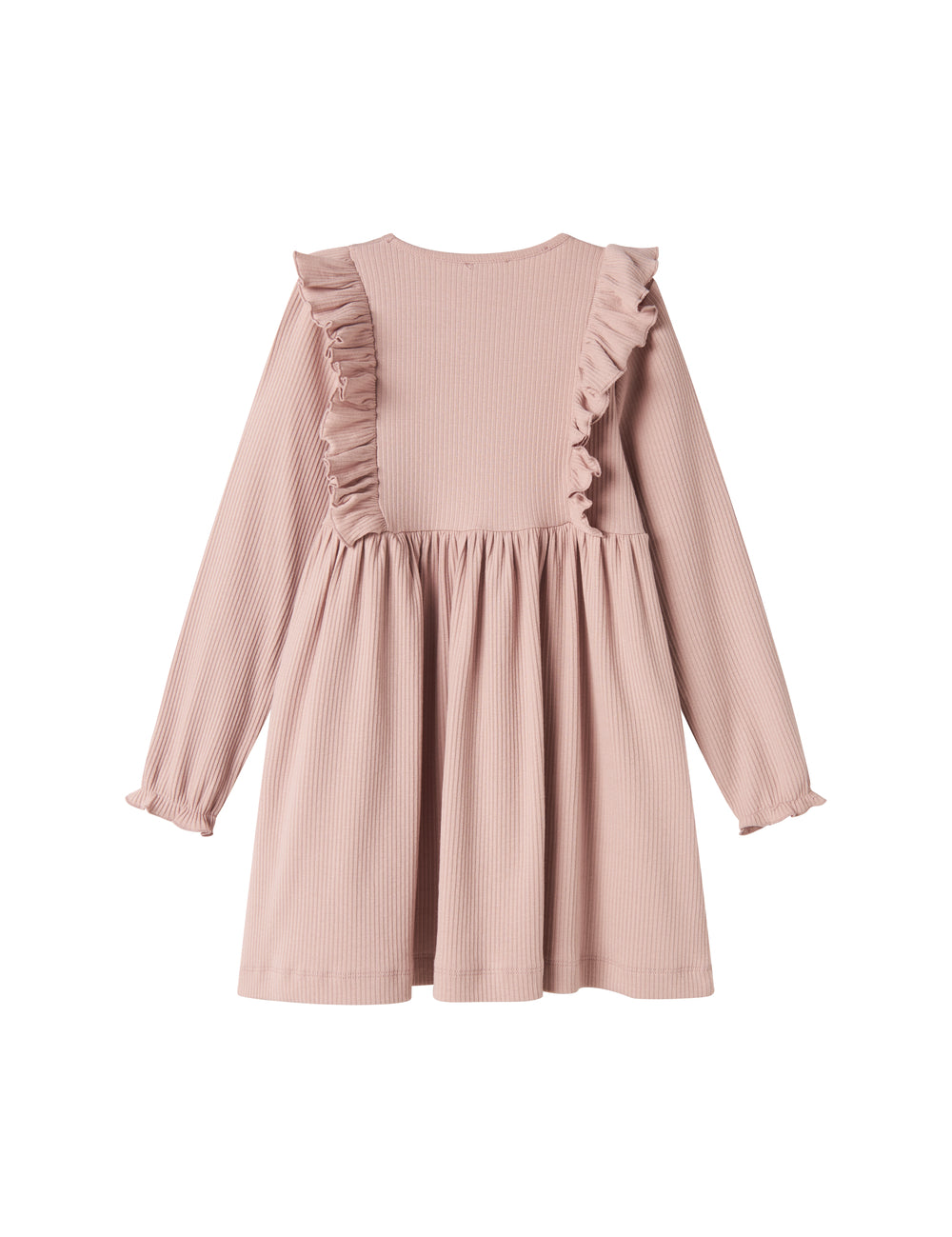 Langærmet lyserød ribstrikket kjole med flæser til børn