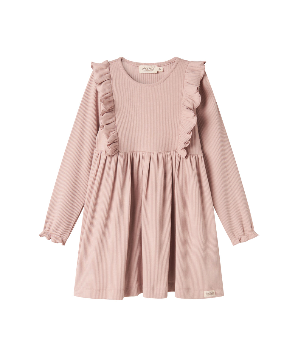 Langærmet lyserød ribstrikket kjole med flæser til børn