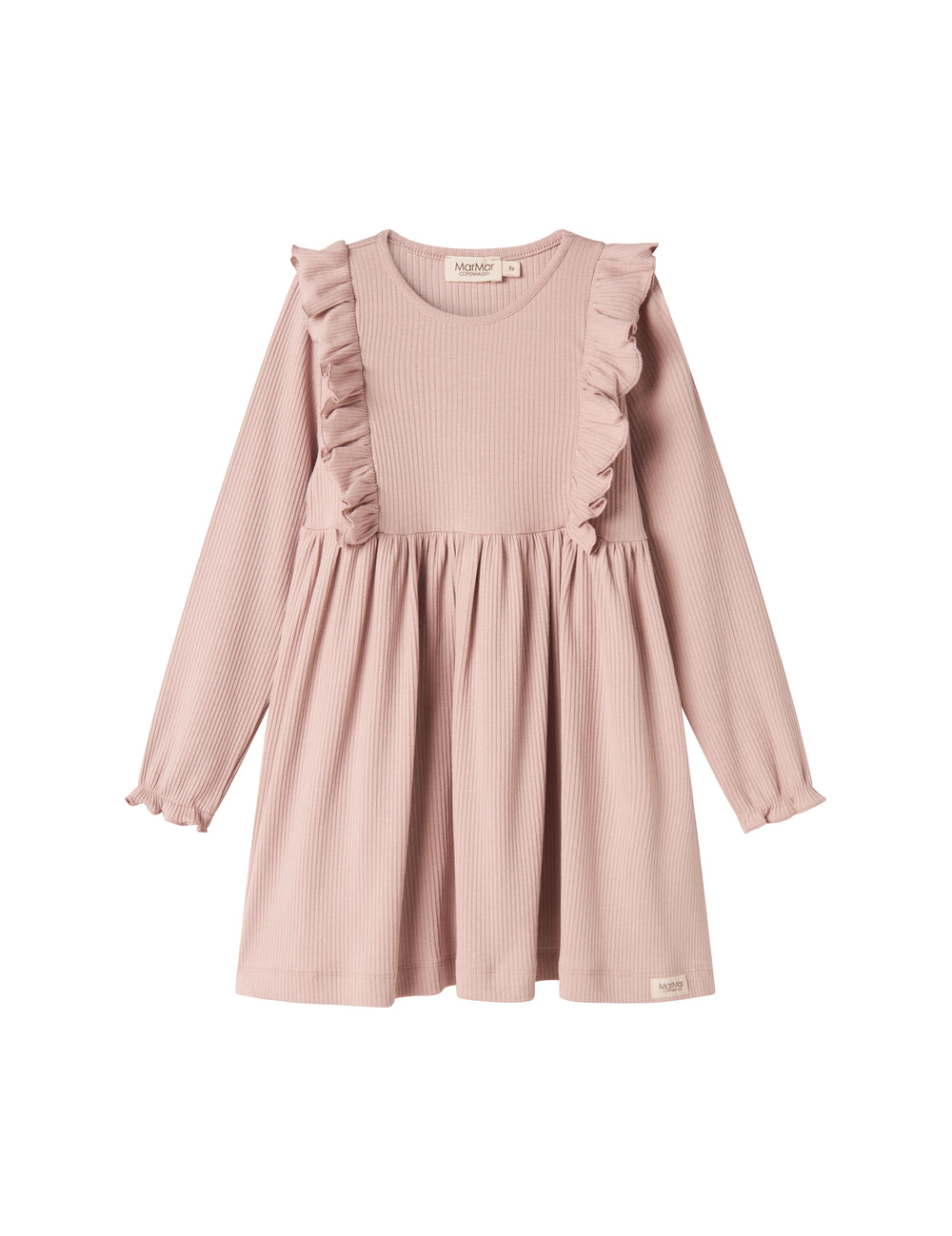 Langærmet lyserød ribstrikket kjole med flæser til børn