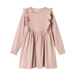 Langærmet lyserød ribstrikket kjole med flæser til børn