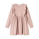 Langærmet lyserød ribstrikket kjole med flæser til børn