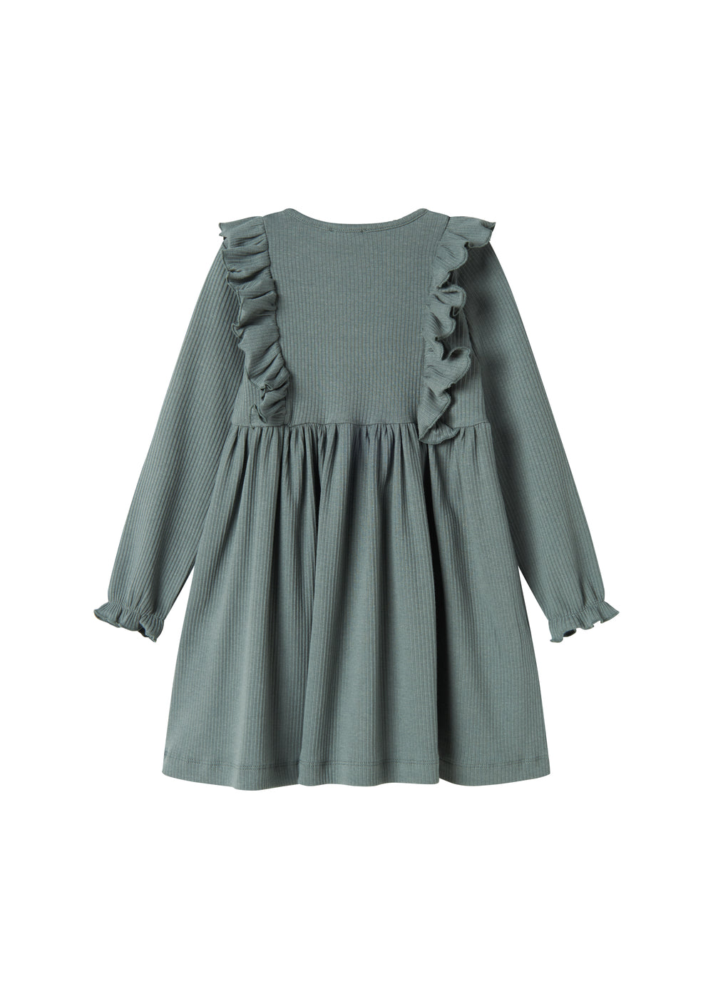 Grøn kjole med lange ærmer og flæser til børn