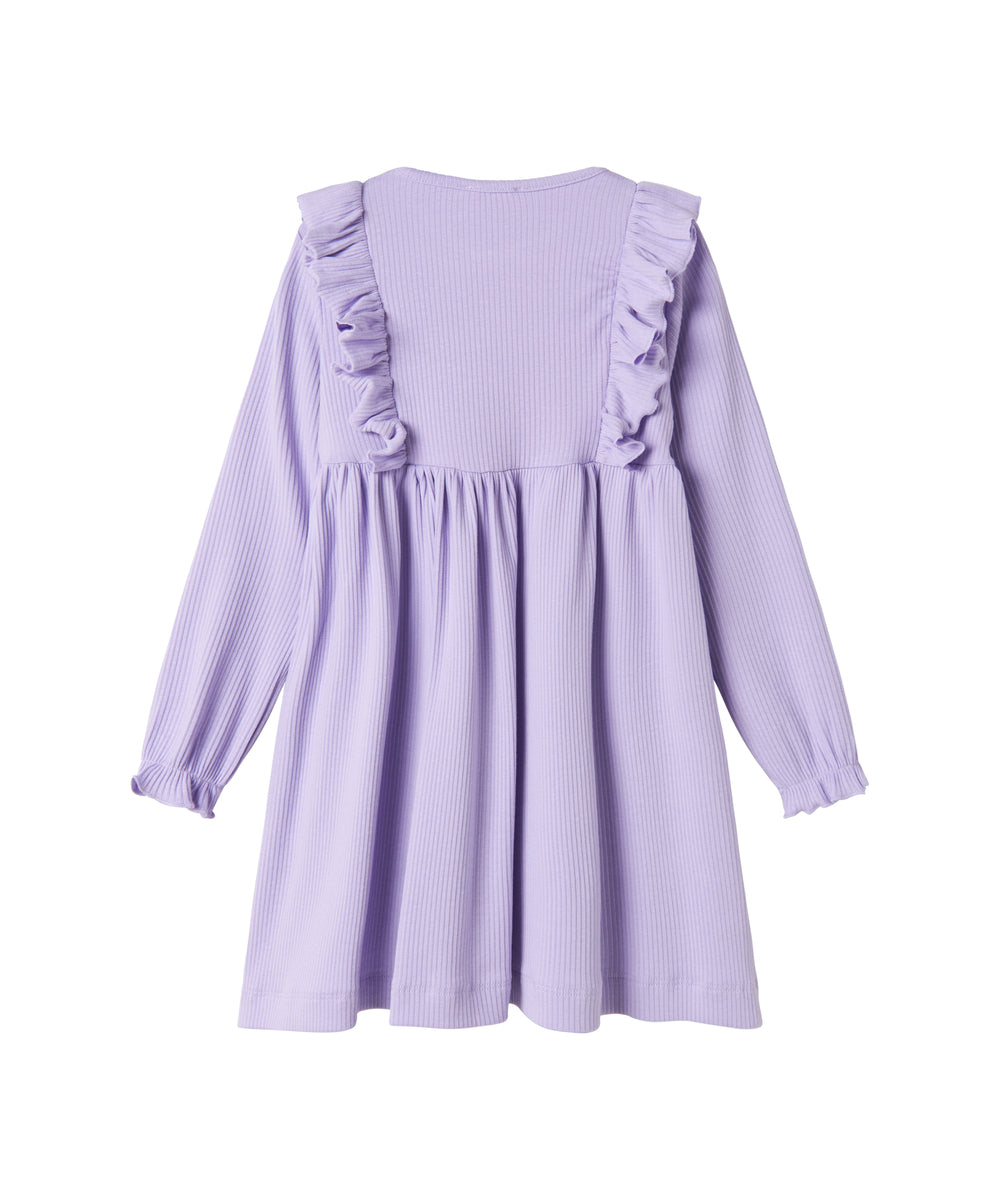 Langærmet lilla ribstrikket kjole med flæser til børn