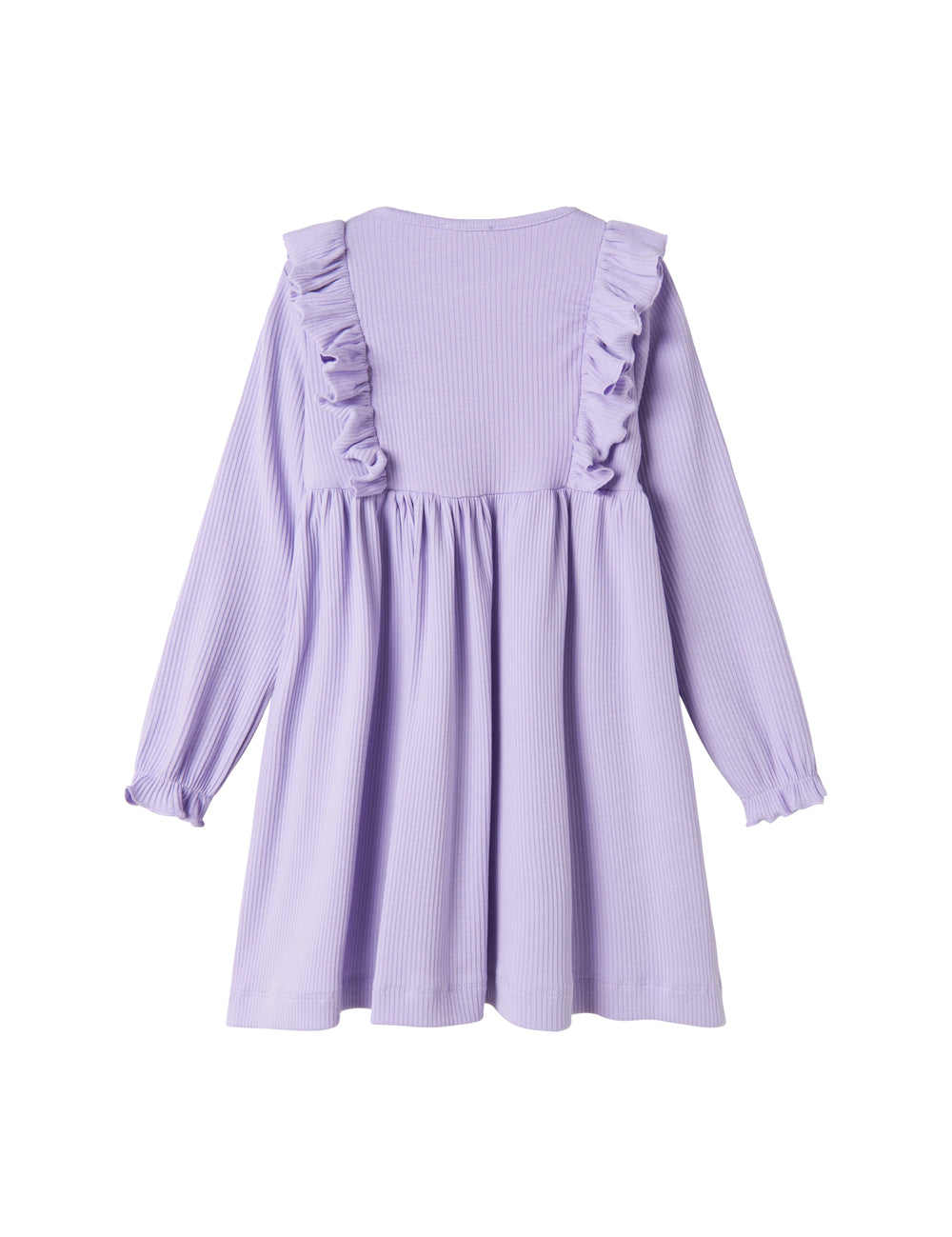 Langærmet lilla ribstrikket kjole med flæser til børn