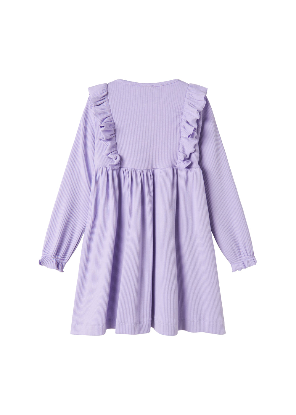 Langærmet lilla ribstrikket kjole med flæser til børn