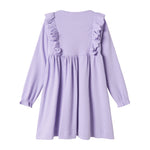 Langærmet lilla ribstrikket kjole med flæser til børn