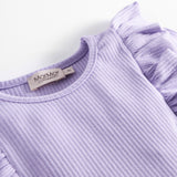 Langærmet lilla ribstrikket kjole med flæser til børn