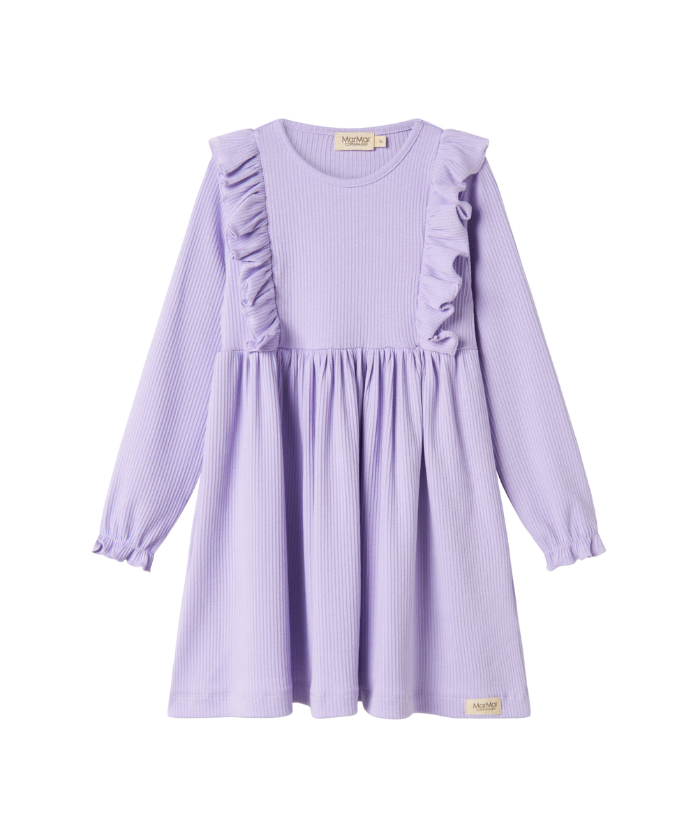 Langærmet lilla ribstrikket kjole med flæser til børn