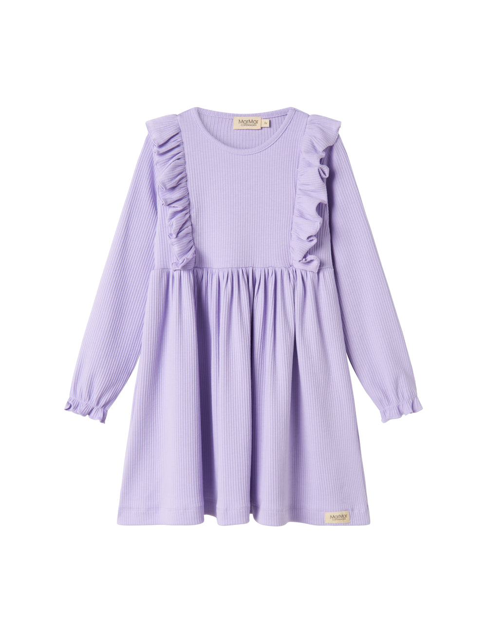 Langærmet lilla ribstrikket kjole med flæser og MarMar label til børn